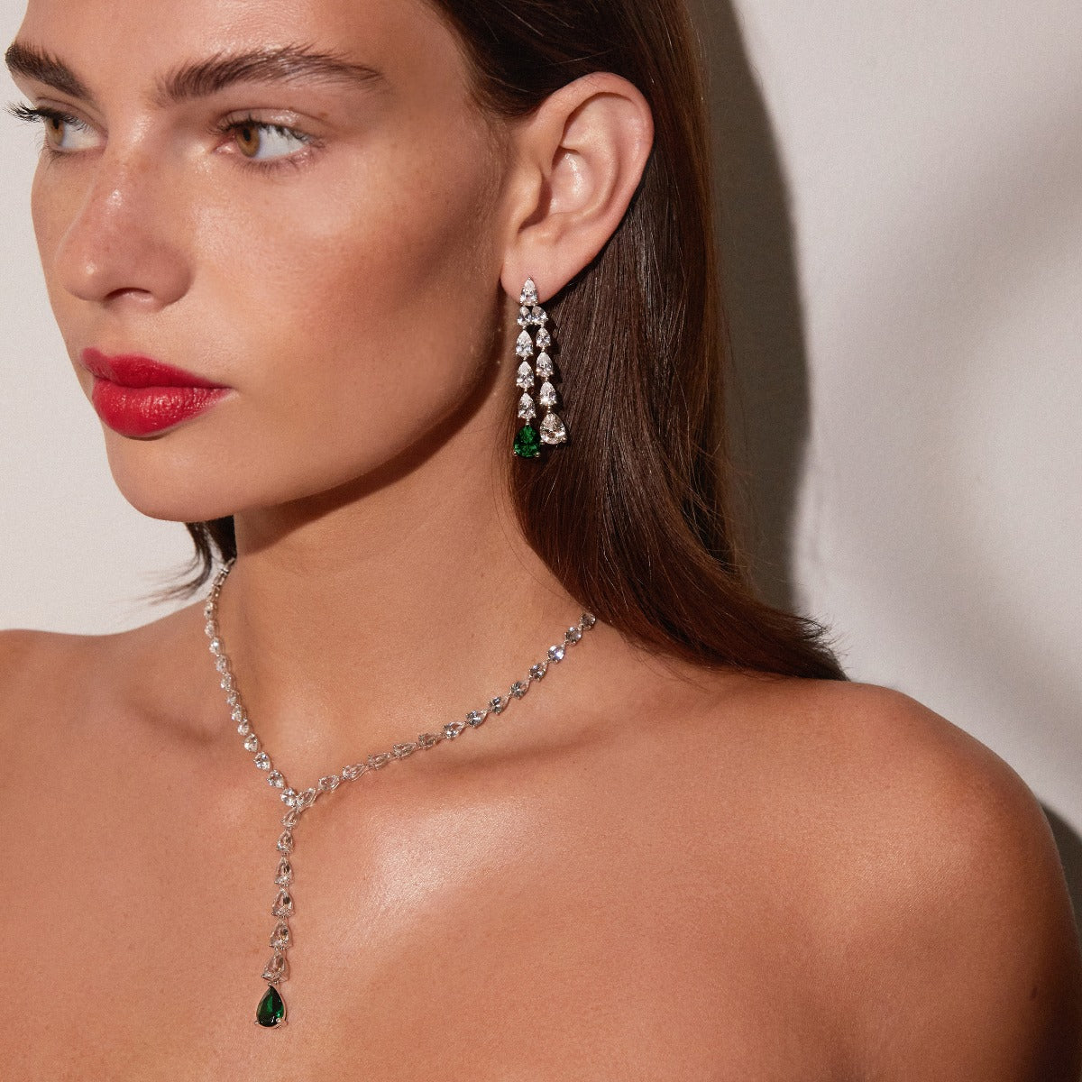 Lab Grown White Sapphire Waterfall Earrings with Emerald