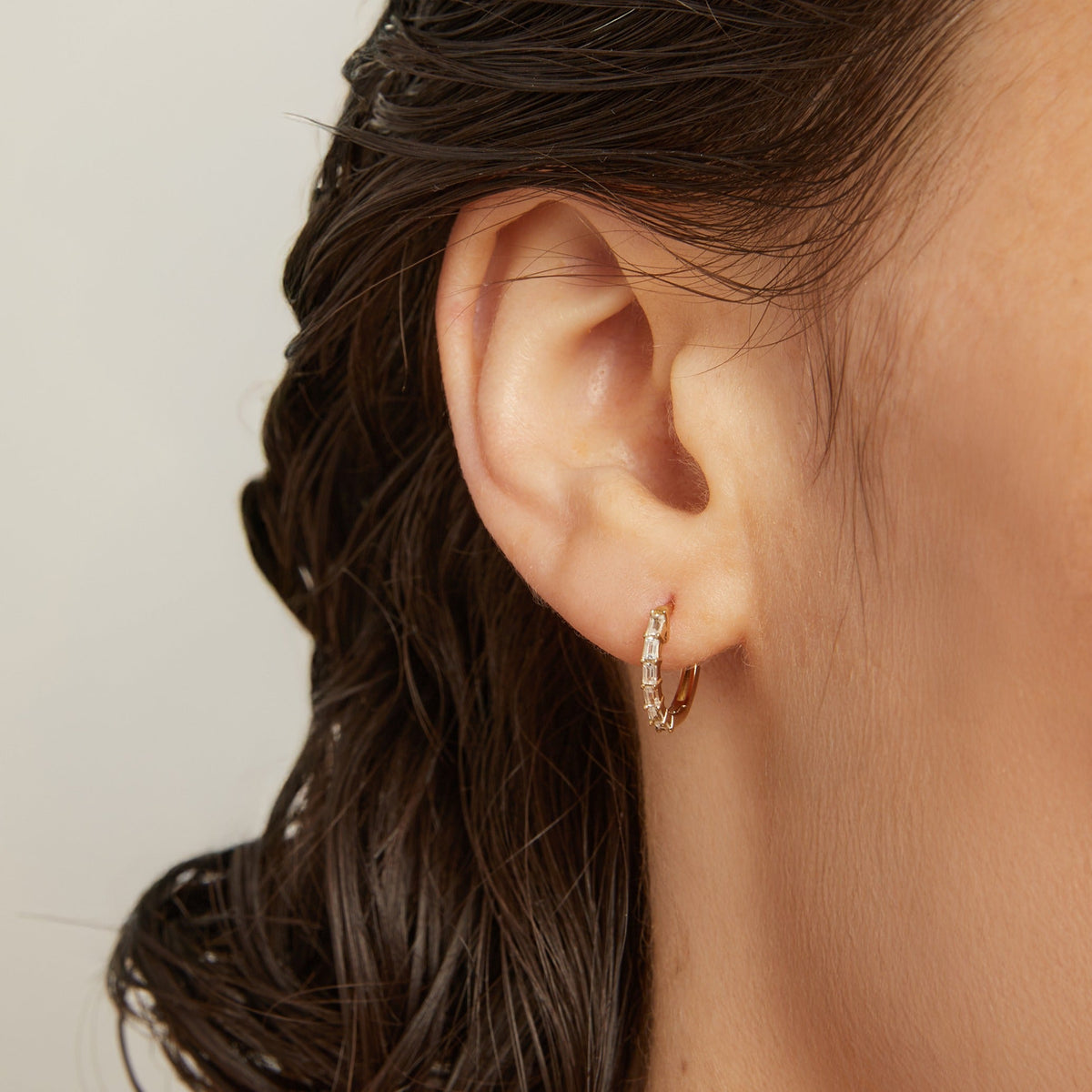 Lab Grown White Sapphire Vertical Baguette Huggie Earrings