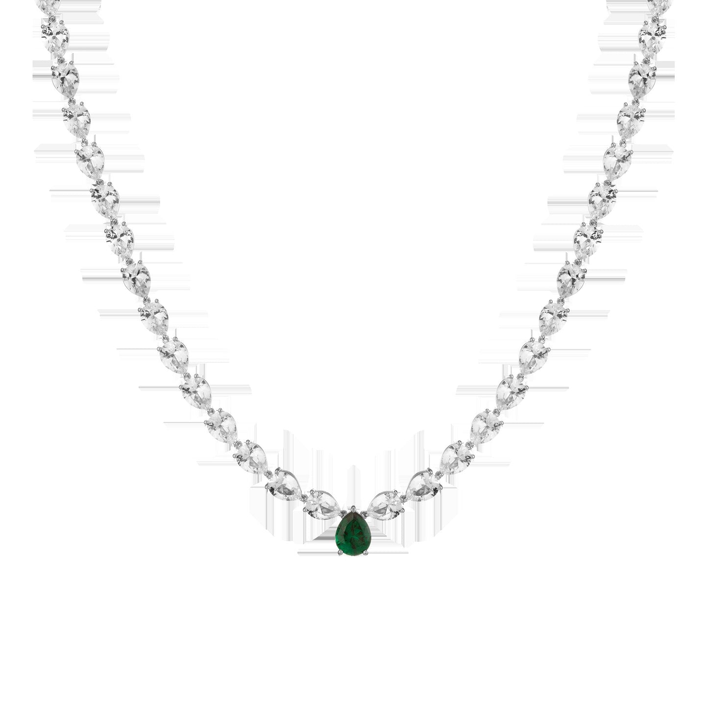 Lab Grown White Sapphire and Green Emerald Pear Tennis Necklace