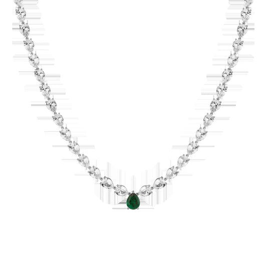 Lab Grown White Sapphire and Green Emerald Pear Tennis Necklace