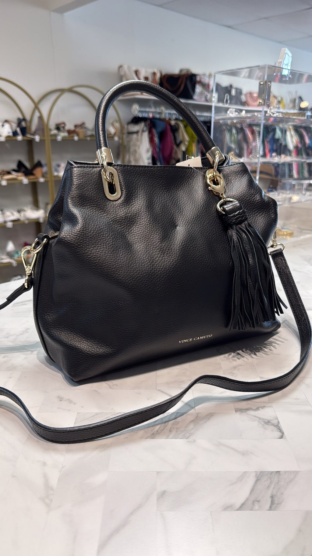 Vince Camuto Black Leather Elva Satchel, 14"x10"