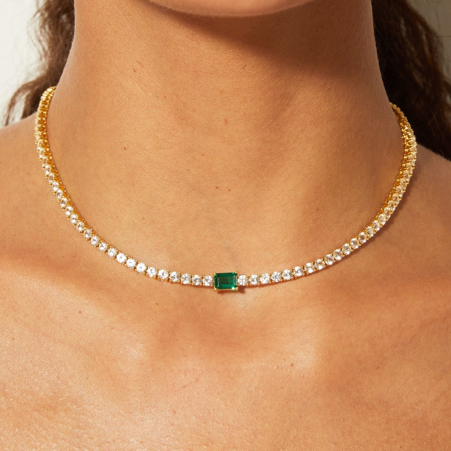 Lab Grown White Sapphire Tennis Necklace with Emerald