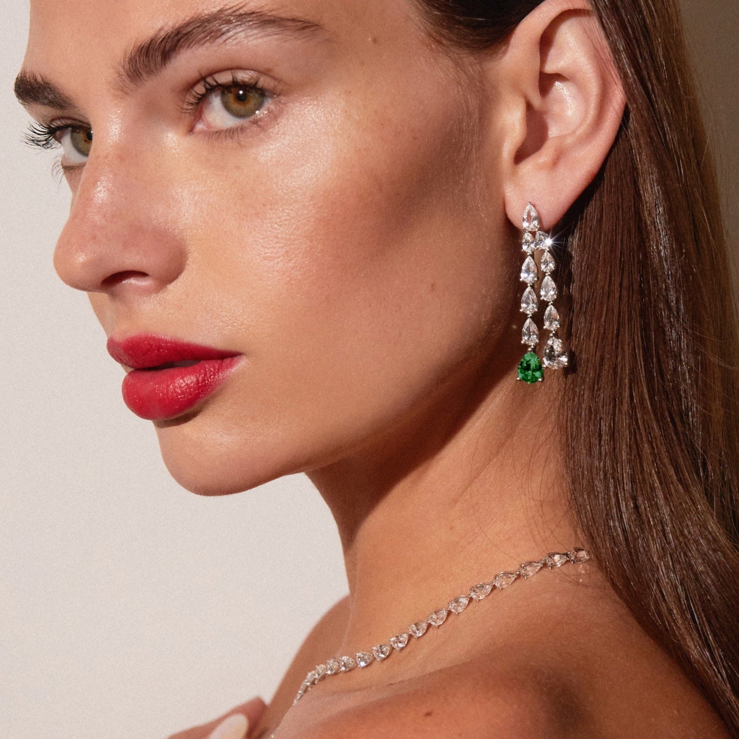 Lab Grown White Sapphire Waterfall Earrings with Emerald