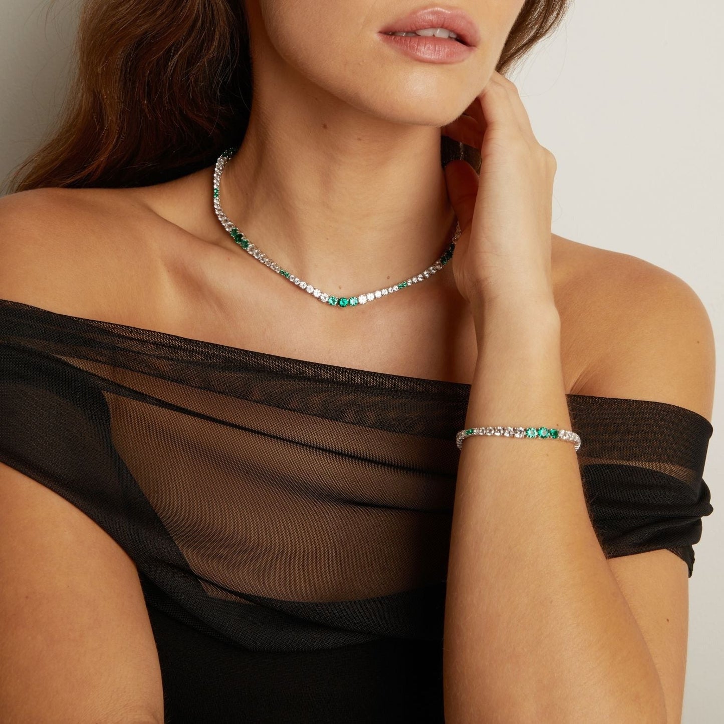 Lab Grown Green Emerald and White Sapphire Scalloped Tennis Bracelet