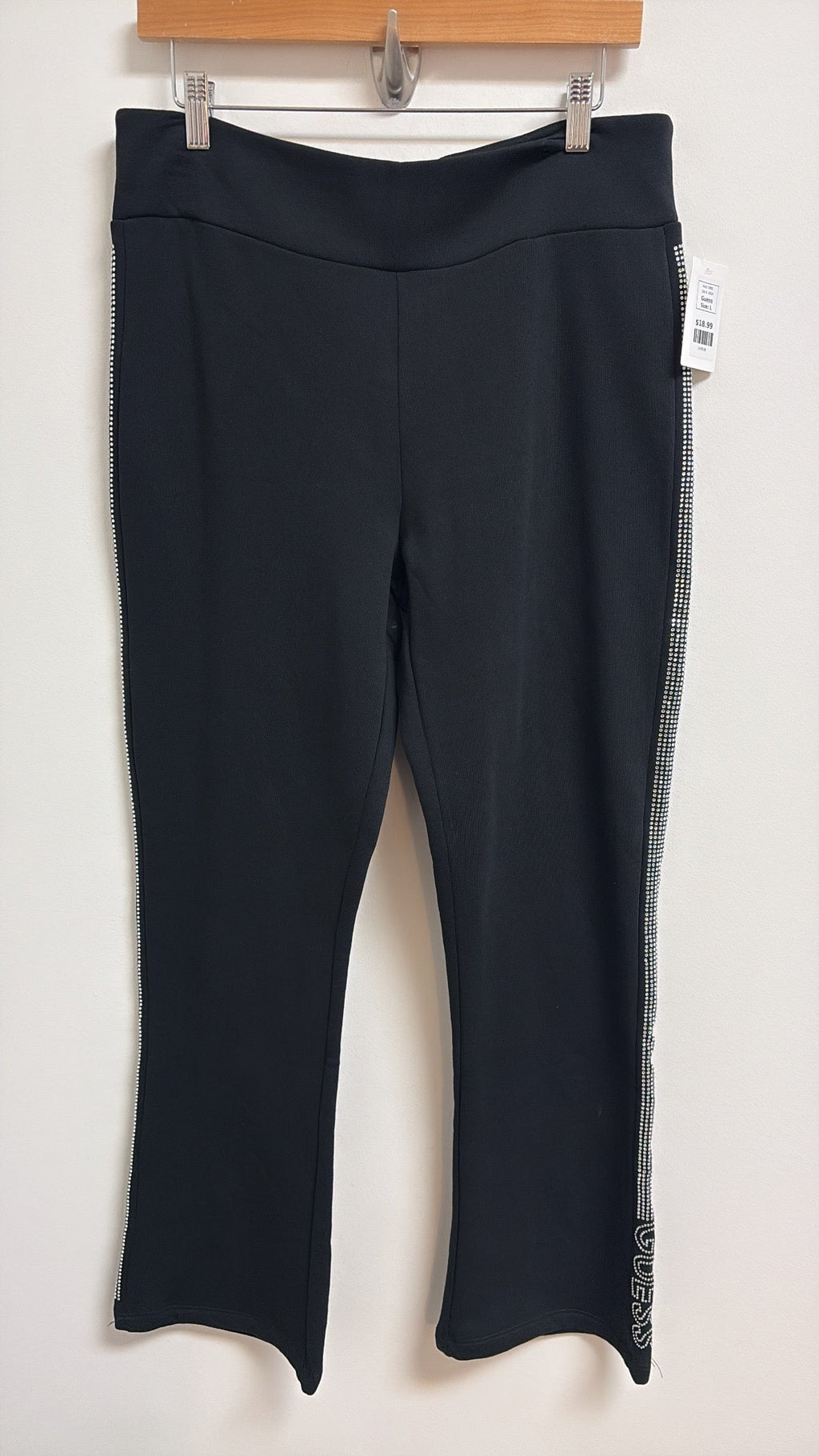 New Guess Black Rubie Rhinestone Fleece 31" Inseam Pants, L