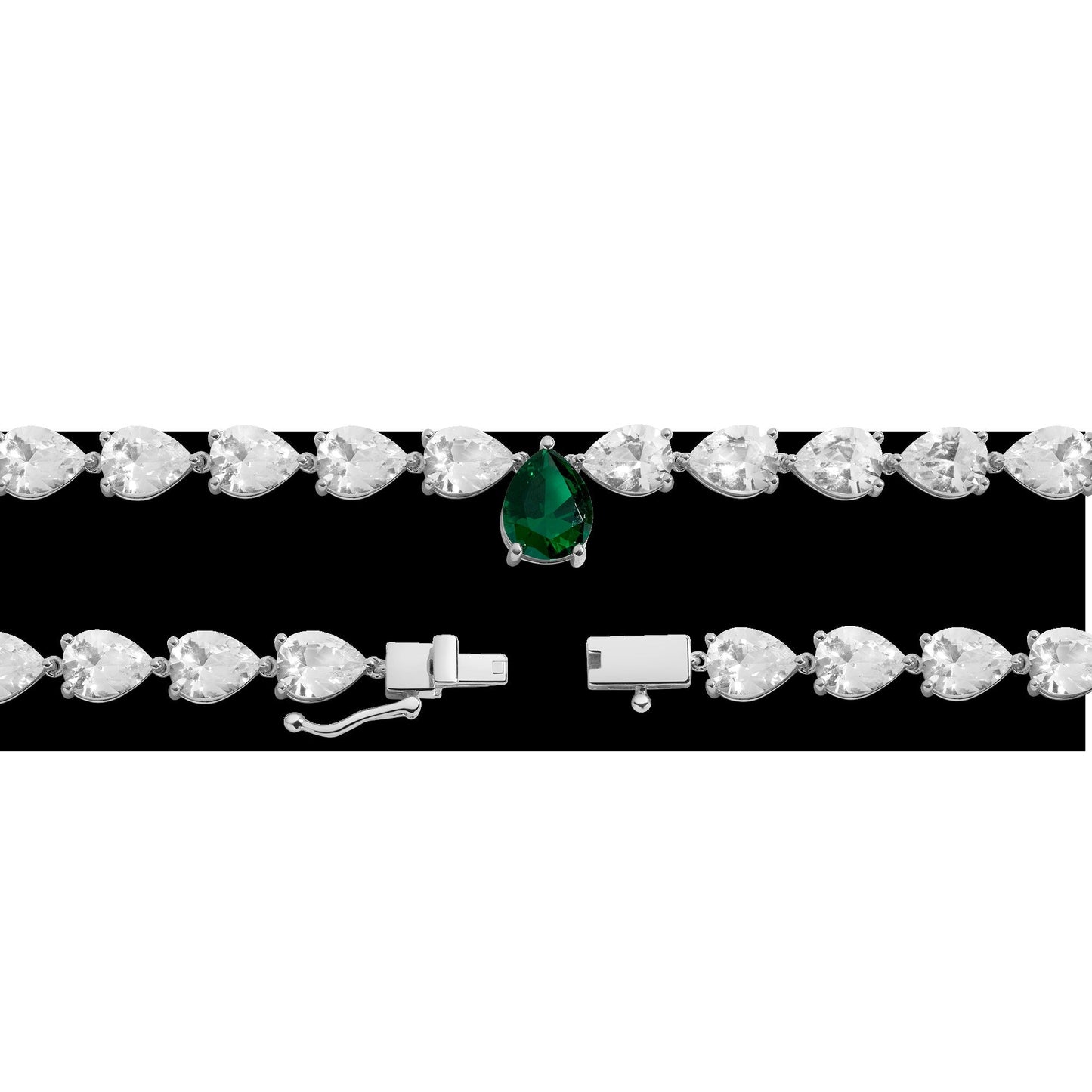 Lab Grown White Sapphire and Green Emerald Pear Tennis Necklace