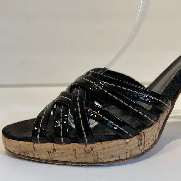 Coach “Stephany” Black Patent Leather Cork Heeled Platform Sandals Size 6.5