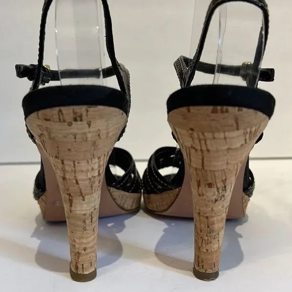 Coach “Stephany” Black Patent Leather Cork Heeled Platform Sandals Size 6.5