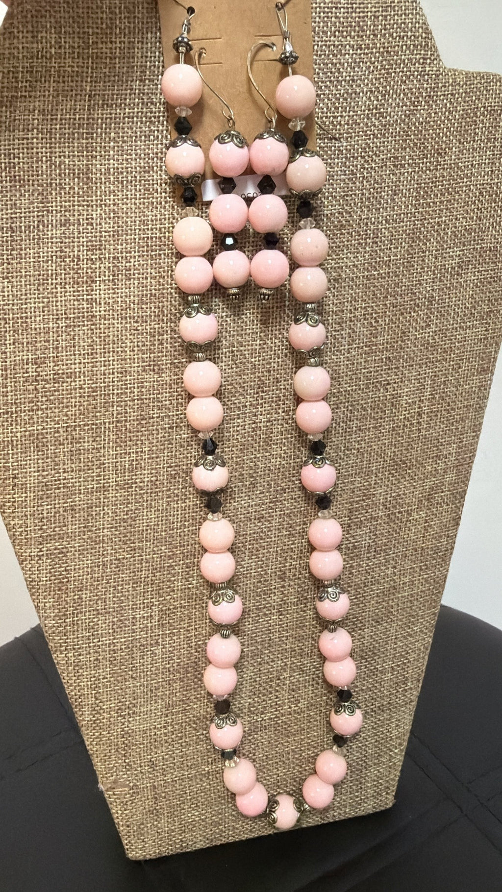 Vintage Pink Glass with Black Spinel Accents Necklace + Earrings, 23"