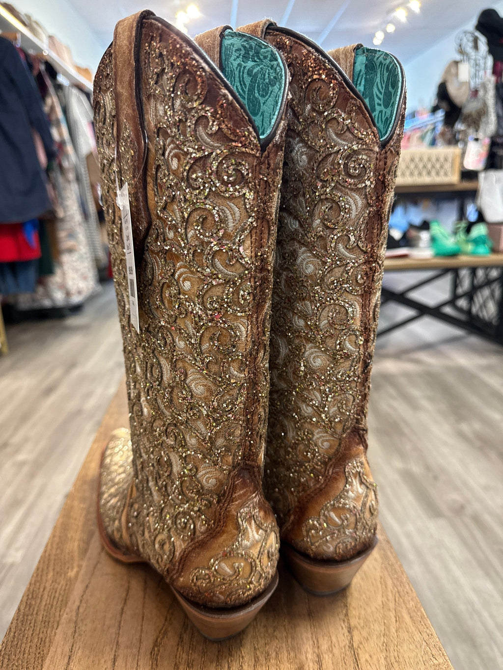 Corral Leather Saddle Glitter Overlay Triad Western Boots Snip Toe, 7.5 (retail $288)