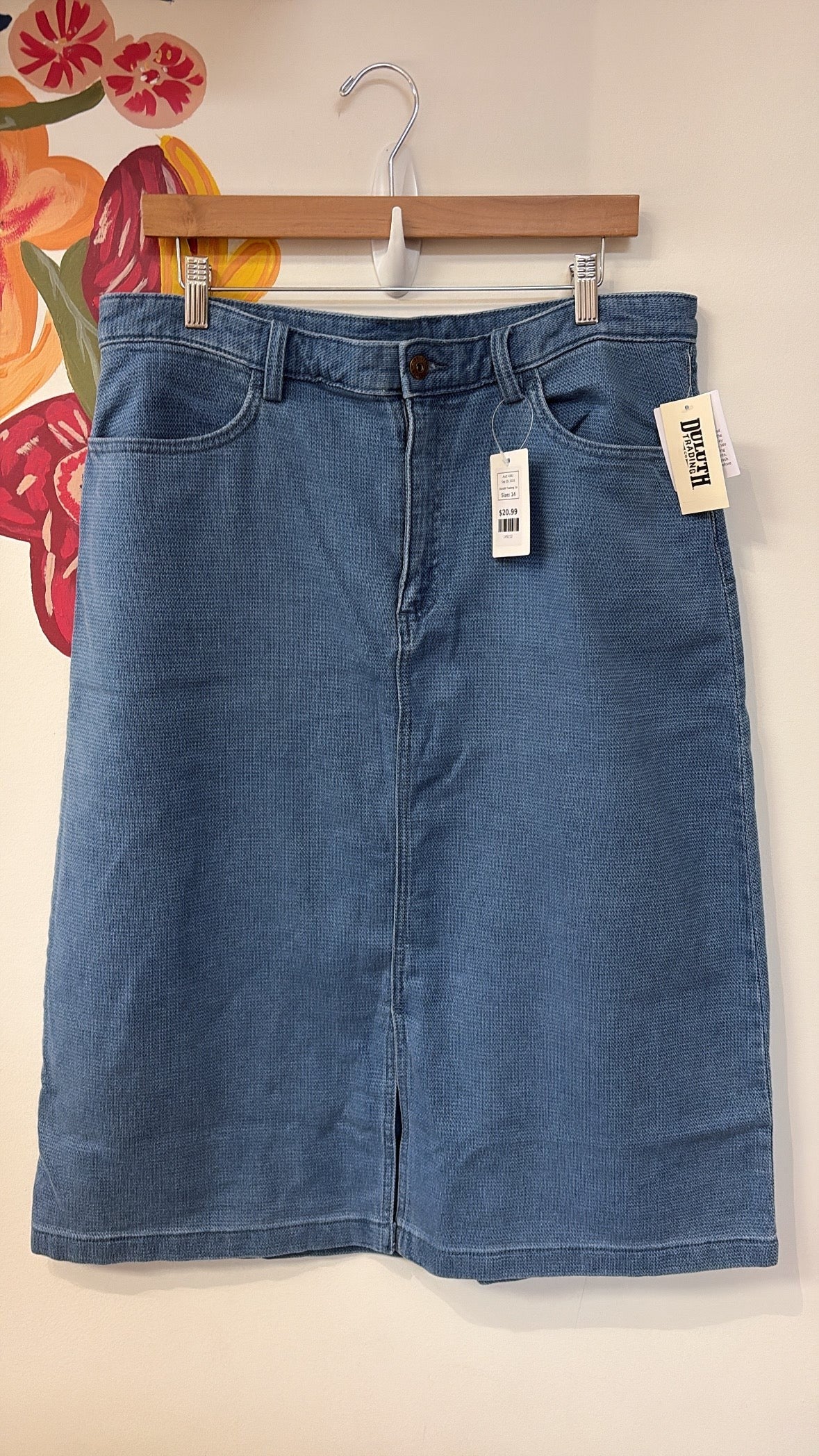 New Duluth Trading Co Dobby Indigo Midi Skirt, 14