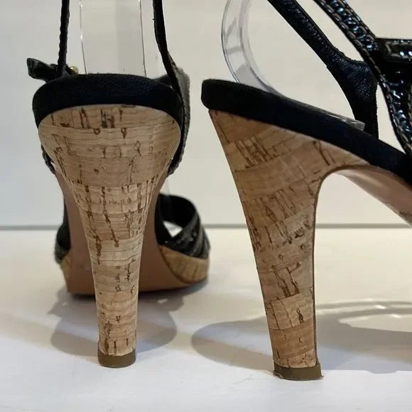 Coach “Stephany” Black Patent Leather Cork Heeled Platform Sandals Size 6.5
