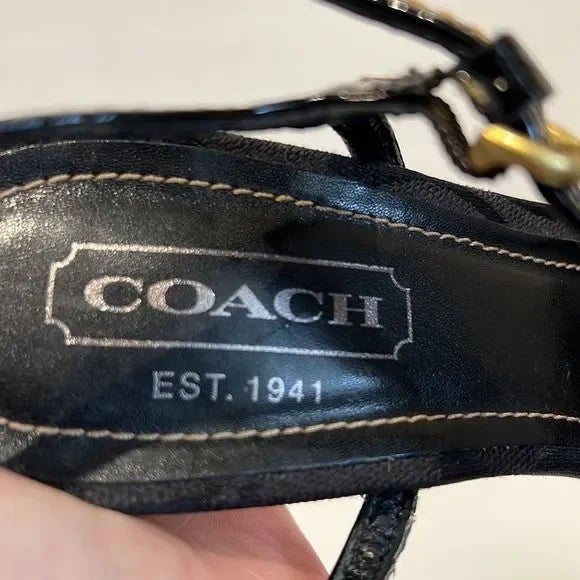 Coach “Stephany” Black Patent Leather Cork Heeled Platform Sandals Size 6.5
