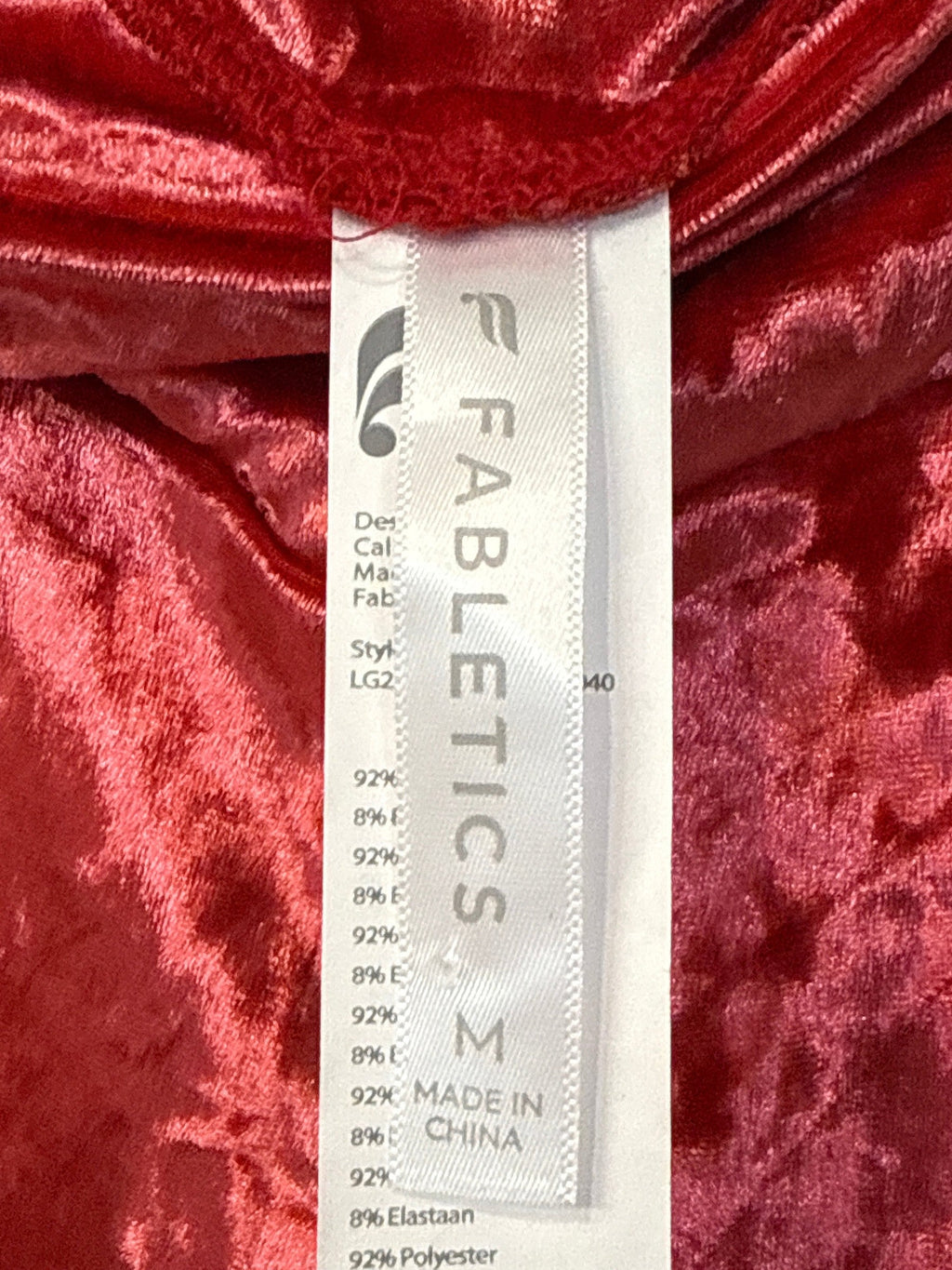 Fabletics Red Crushed Velour 29" Inseam Leggings, M