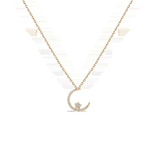 Lab Grown Diamond Crescent Moon and Star Necklace