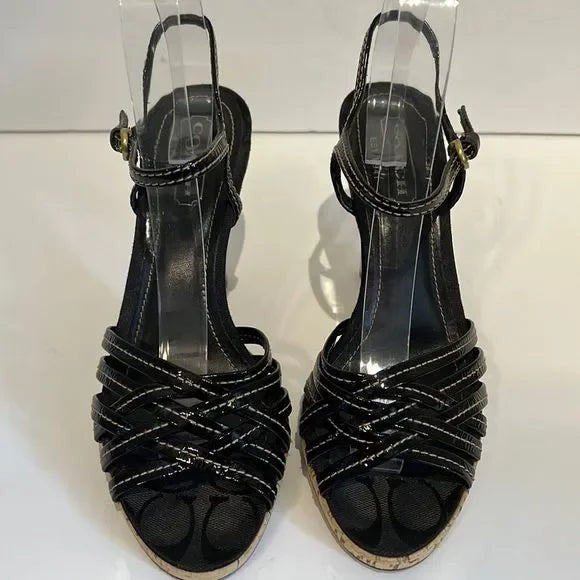 Coach “Stephany” Black Patent Leather Cork Heeled Platform Sandals Size 6.5