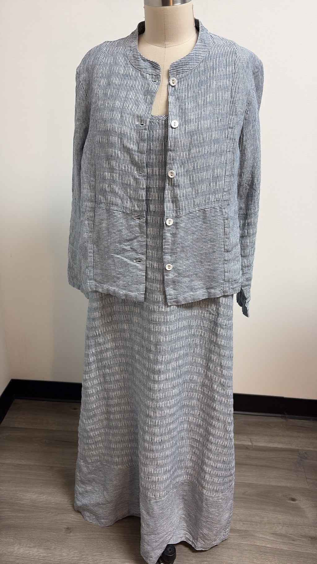 Poetry 2pc Blue 100% Linen Dress + Jacket, 12