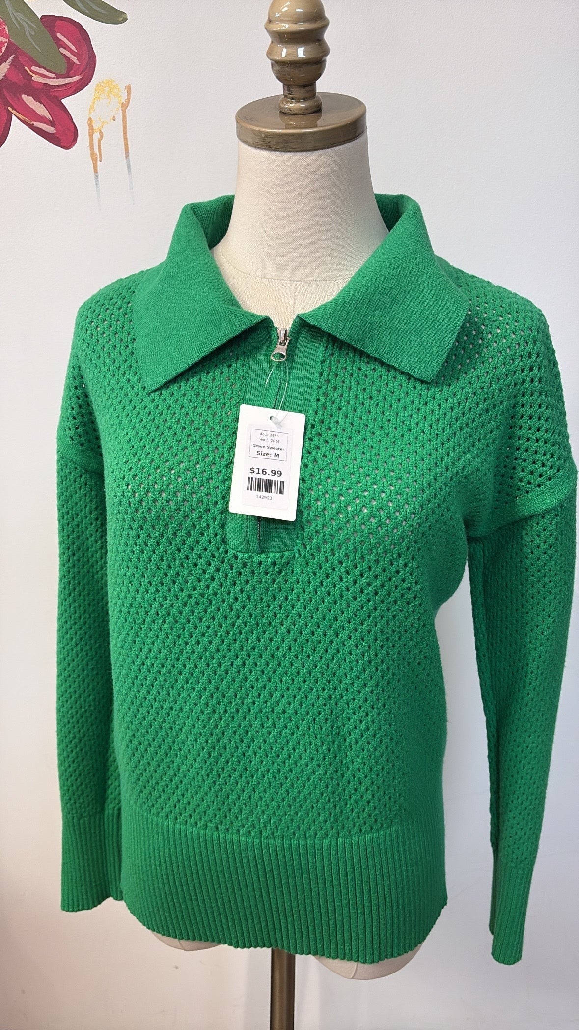 Green Open Stitch Sweater, M