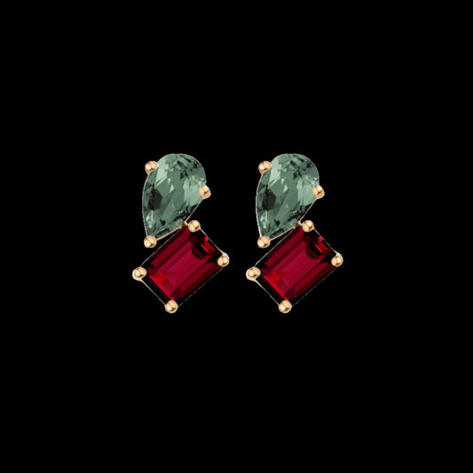 Toi et Moi Gemstone Heirloom Earring - Garnet & Green Tourmaline