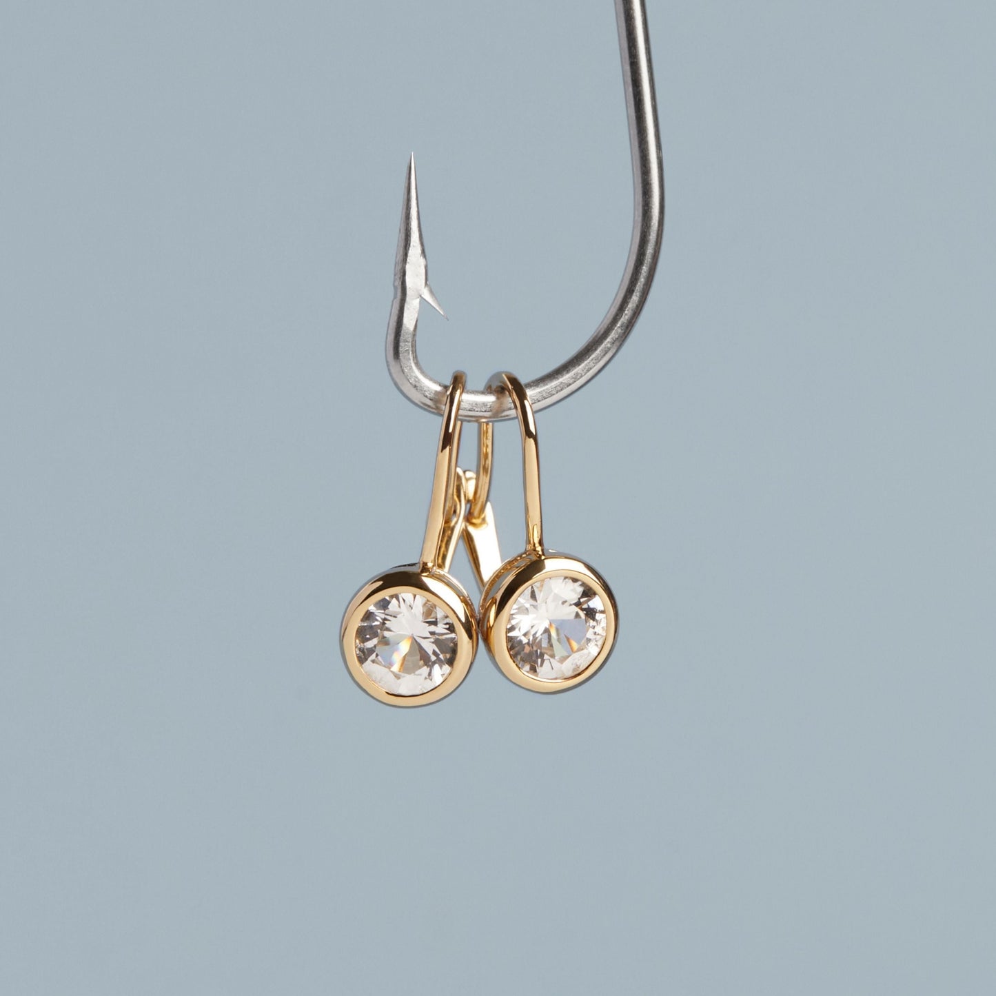 Round Lab Grown White Sapphire Bezel Drop Earrings