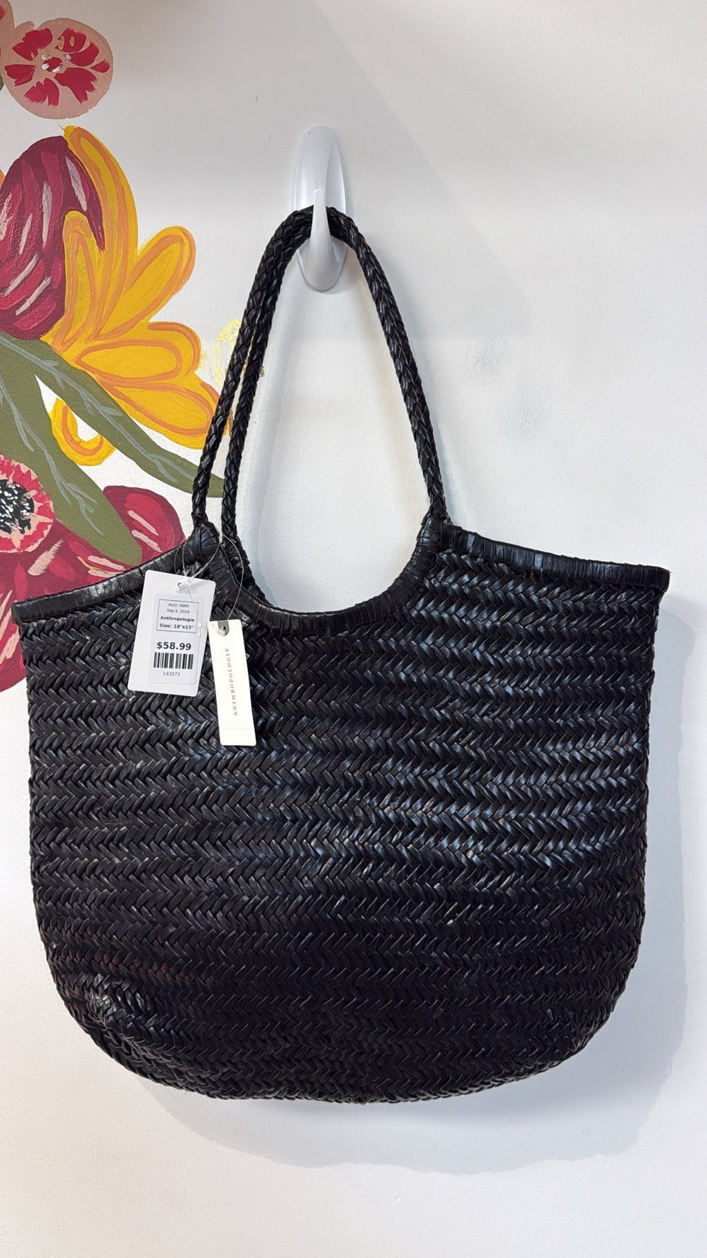 New Anthropologie Black Genuine Leather Tote Bag, 18"x15"