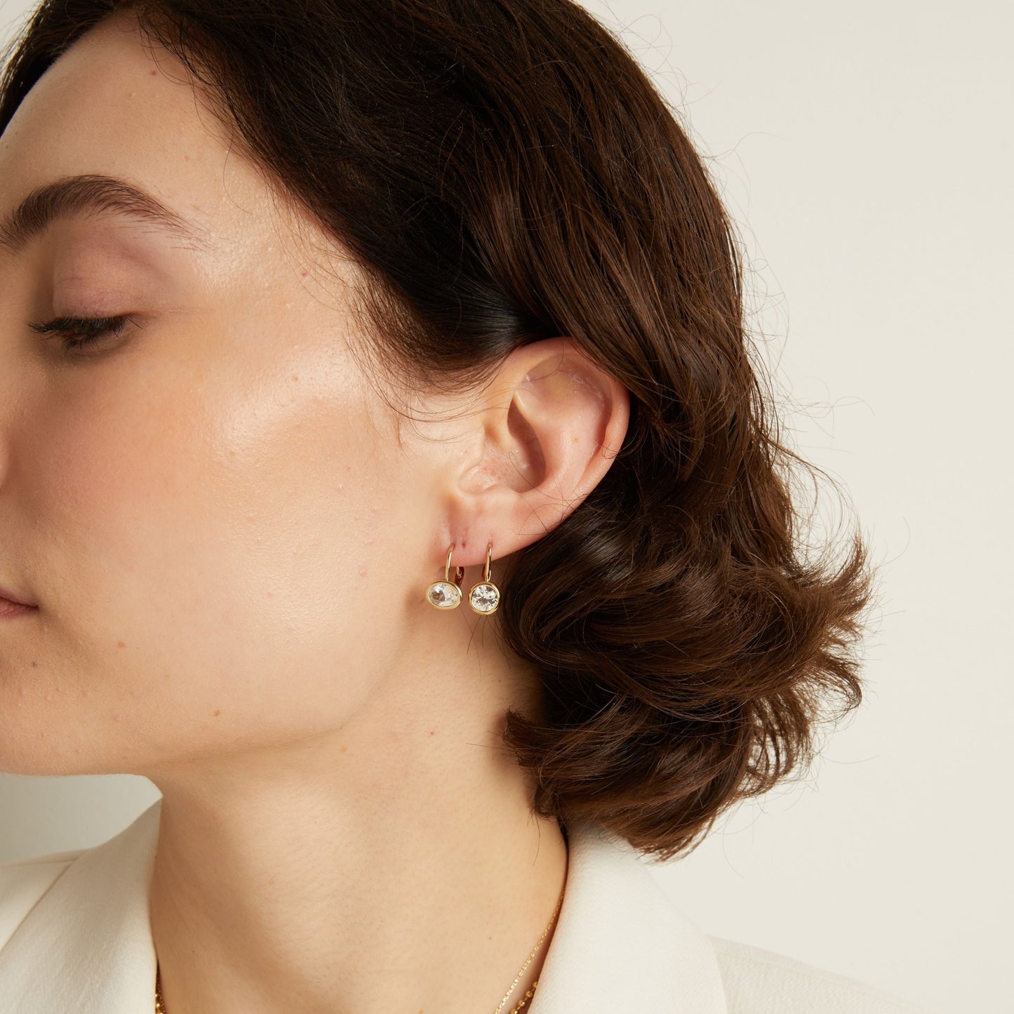 Oval Lab Grown White Sapphire Bezel Drop Earrings