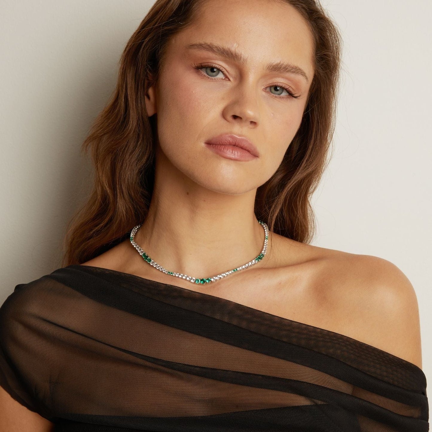 Lab Grown Green Emerald and White Sapphire Scalloped Tennis Necklace