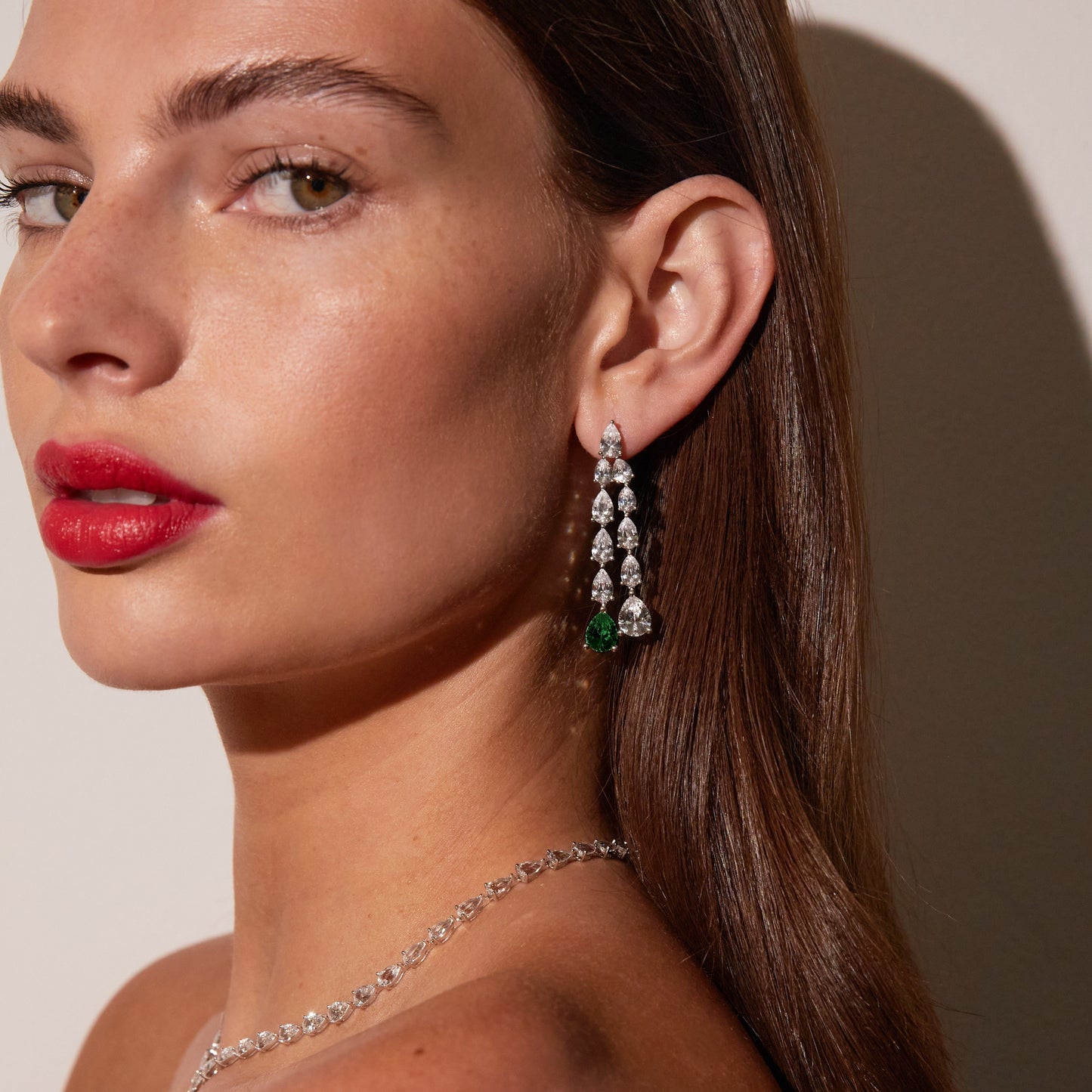 Lab Grown White Sapphire Waterfall Earrings with Emerald