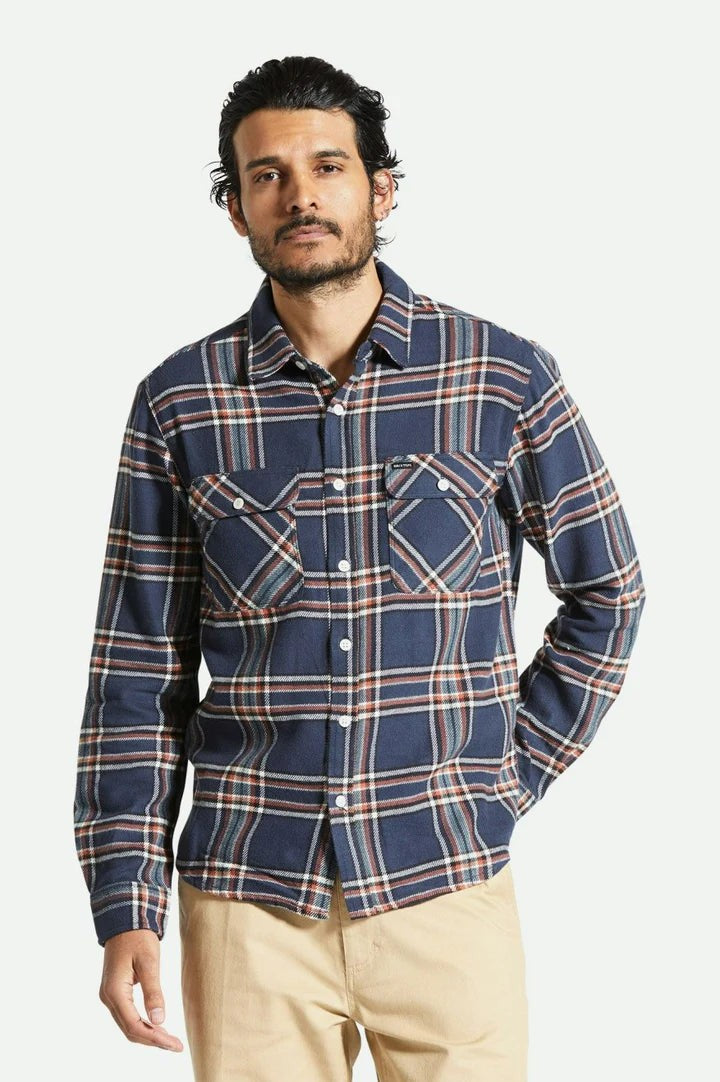 BRIXTON - BOWERY L/S FLANNEL WASHED NAVY/OFF WHITE/TERRACOT