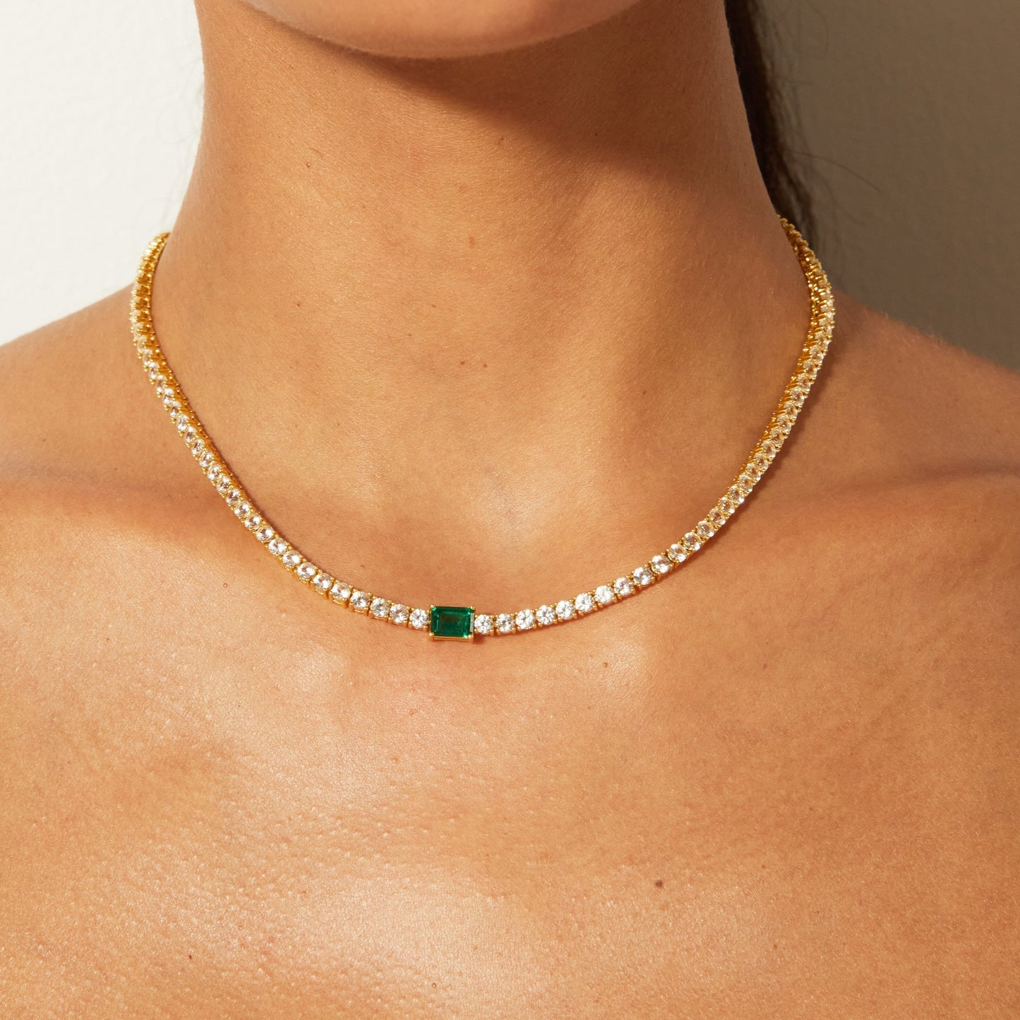 Lab Grown White Sapphire Tennis Necklace with Emerald