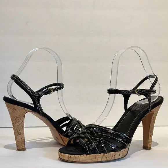 Coach “Stephany” Black Patent Leather Cork Heeled Platform Sandals Size 6.5