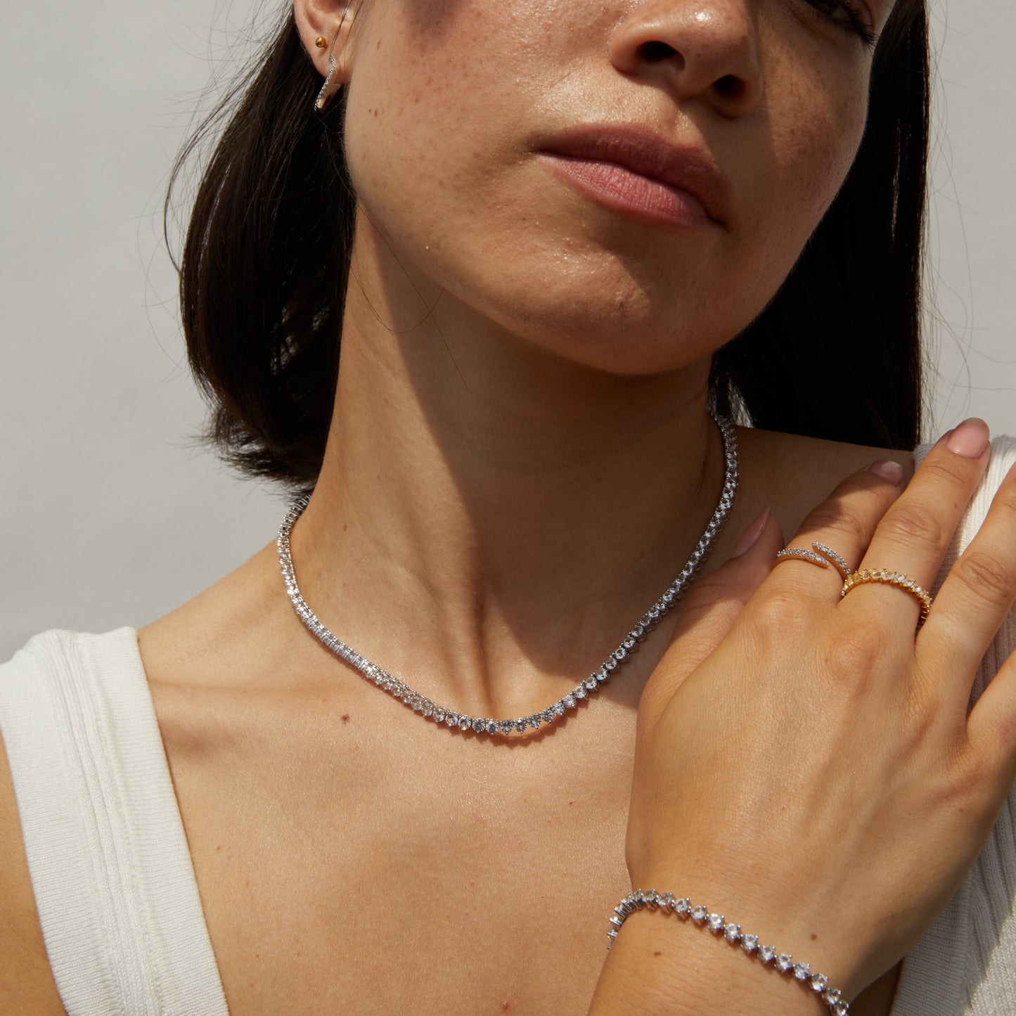 Lab Grown White Sapphire Three-Prong Tennis Necklace