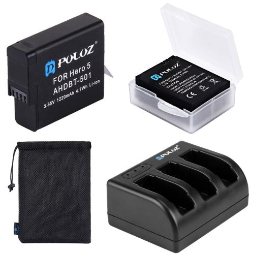 PULUZ 4 in 1 AHDBT-501 3.85V 1220mAh Battery AHDBT-501 3-channel Battery Charger Mesh Storage Bag Battery Storage Box Kit for GoPro HERO5