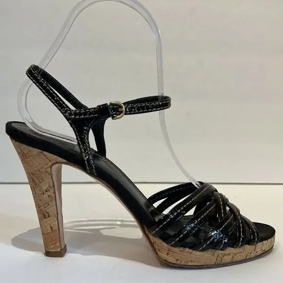 Coach “Stephany” Black Patent Leather Cork Heeled Platform Sandals Size 6.5