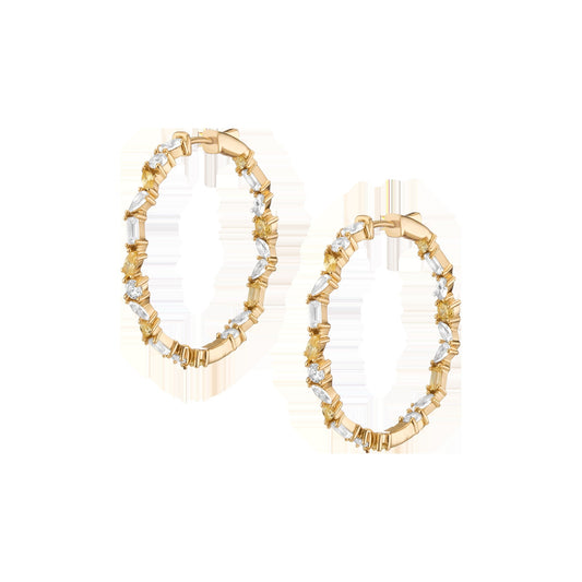 Lab Grown White Sapphire and Canary Mixed Shape Hoop Earrings