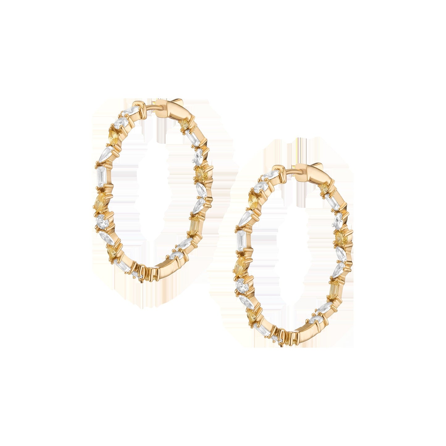 Lab Grown White Sapphire and Canary Mixed Shape Hoop Earrings