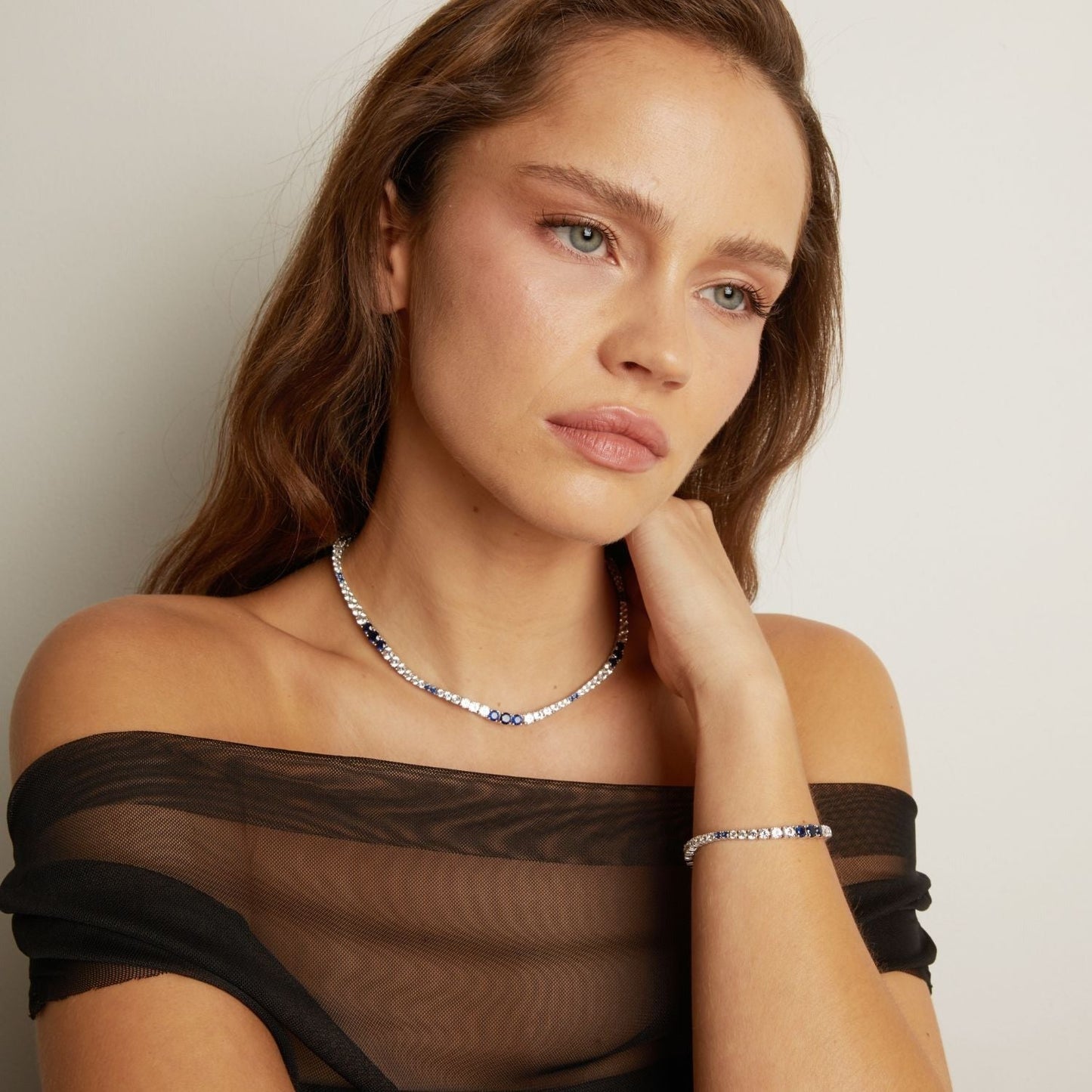 Lab Grown Blue Sapphire and White Sapphire Scalloped Tennis Necklace
