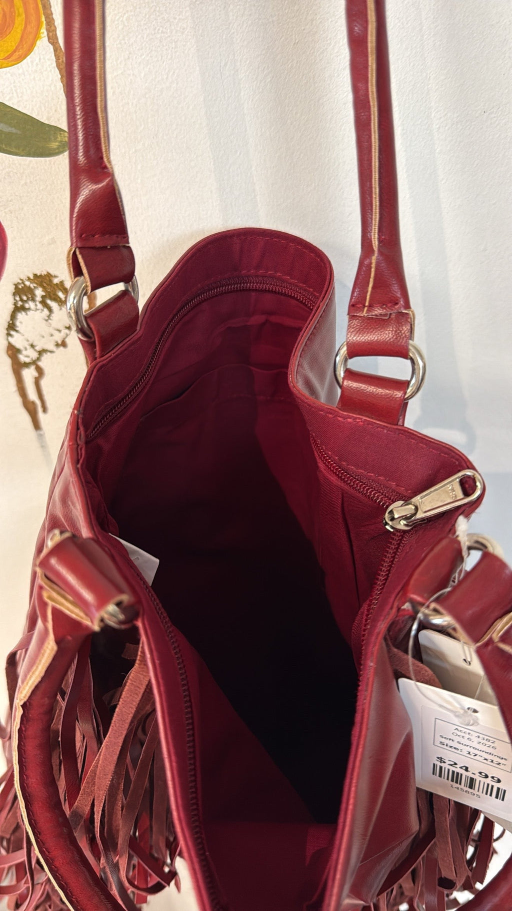 New Soft Surroundings Burgundy Faux Leather Shoulder Bag, 17"x12"