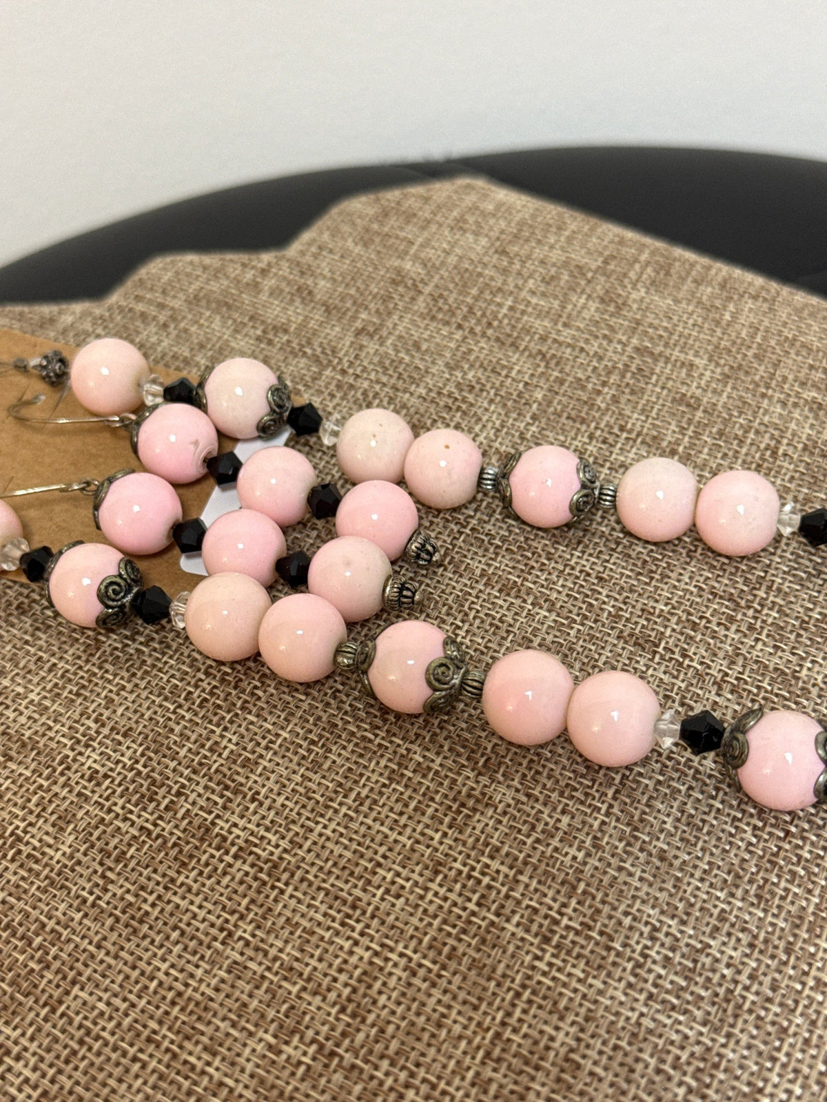 Vintage Pink Glass with Black Spinel Accents Necklace + Earrings, 23"