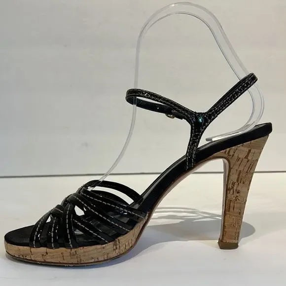 Coach “Stephany” Black Patent Leather Cork Heeled Platform Sandals Size 6.5