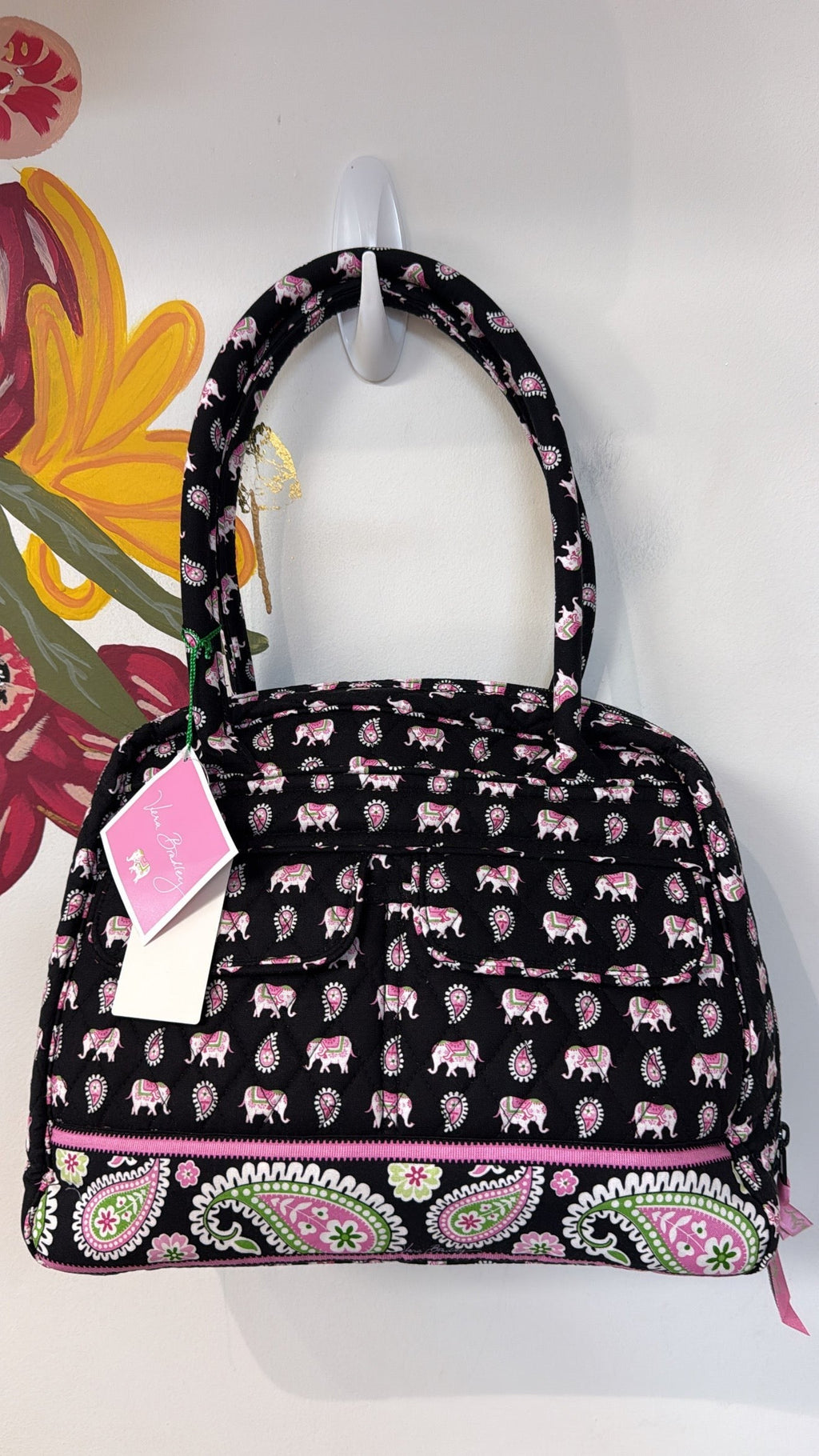 New Vera Bradley Pink Elephants Bowler Shoulder Bag, 12"x10"