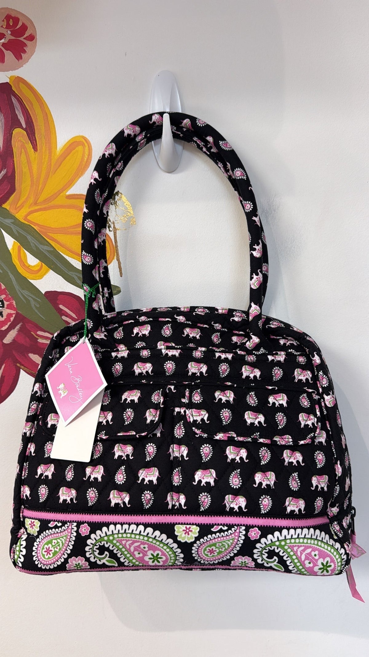 New Vera Bradley Pink Elephants Bowler Shoulder Bag, 12"x10"
