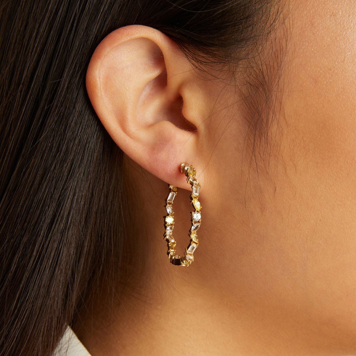 Lab Grown White Sapphire and Canary Mixed Shape Hoop Earrings