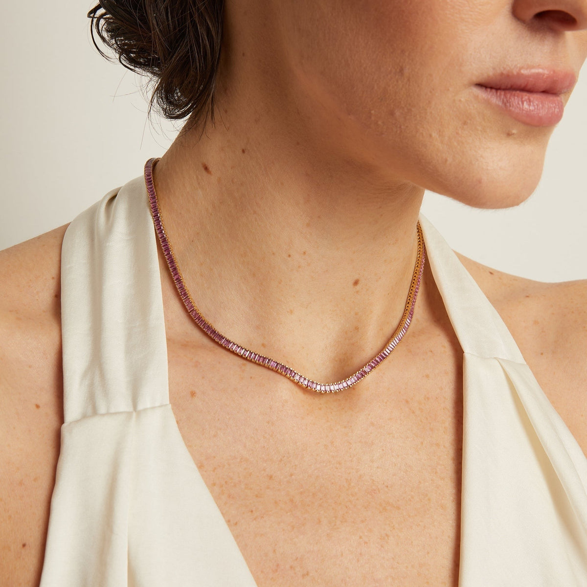 Lab Grown Pink Sapphire Baguette Tennis Necklace