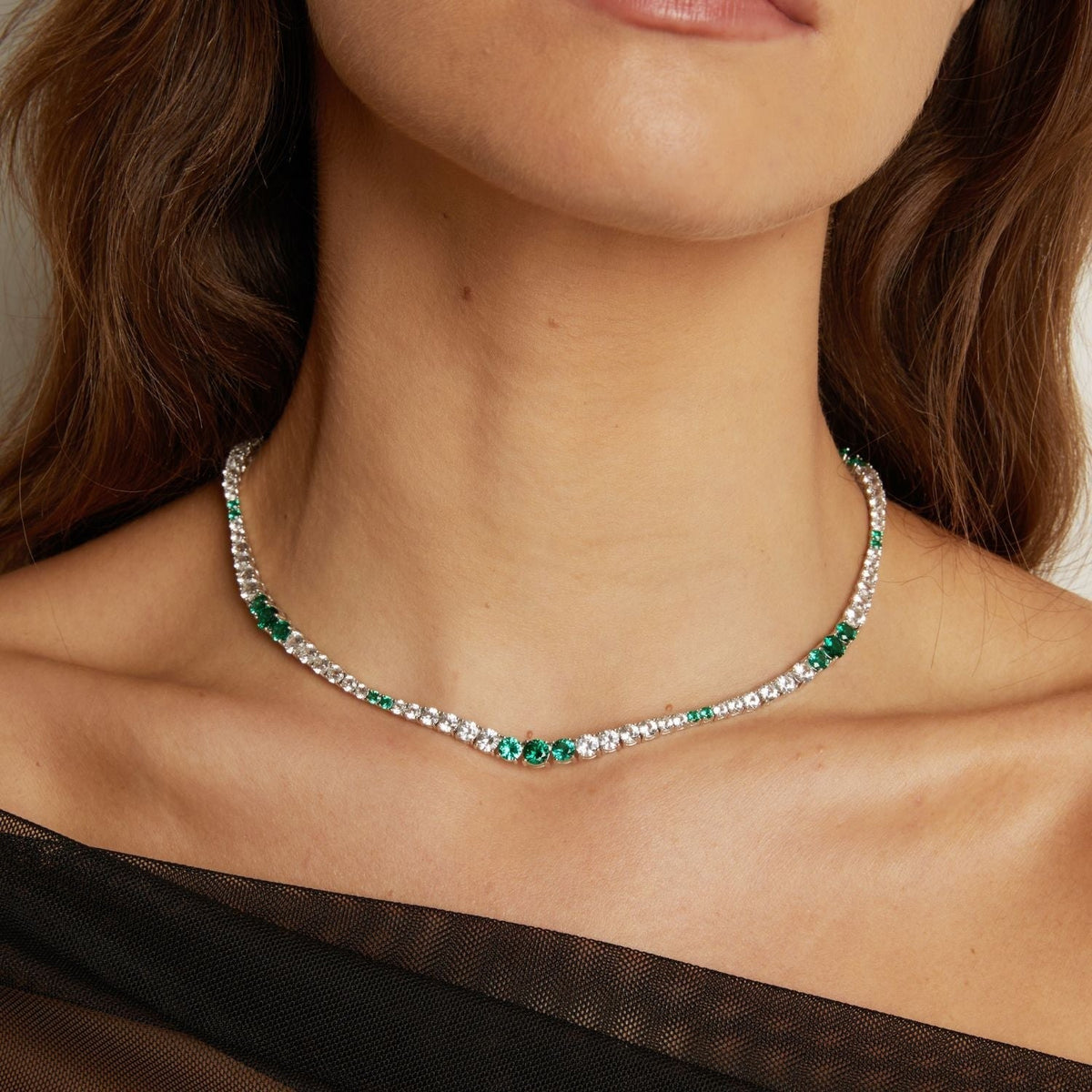 Lab Grown Green Emerald and White Sapphire Scalloped Tennis Necklace