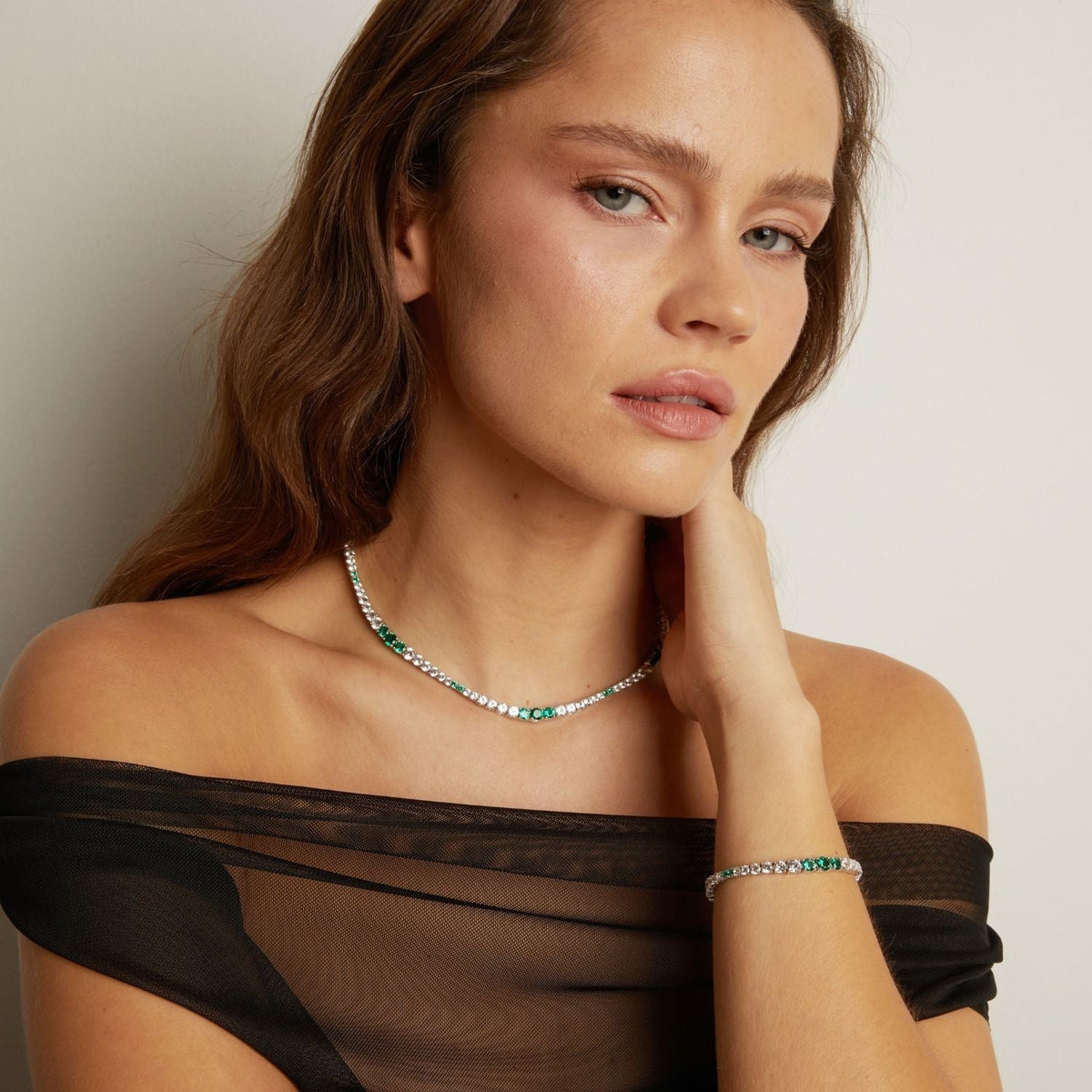 Lab Grown Green Emerald and White Sapphire Scalloped Tennis Necklace