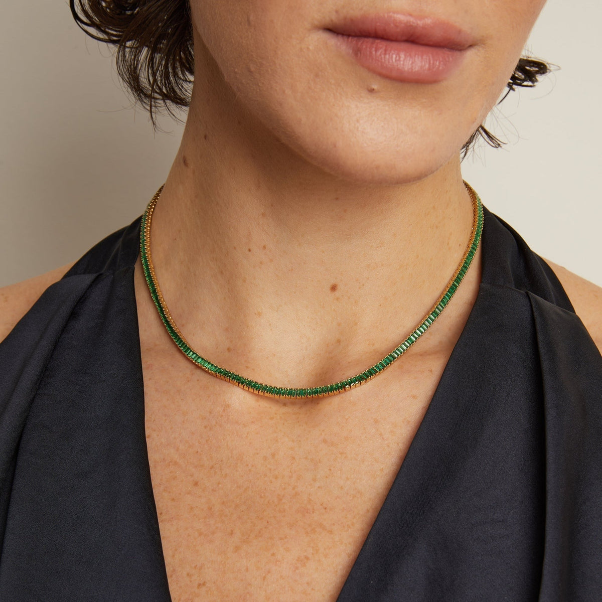 Lab Grown Green Emerald Baguette Tennis Necklace