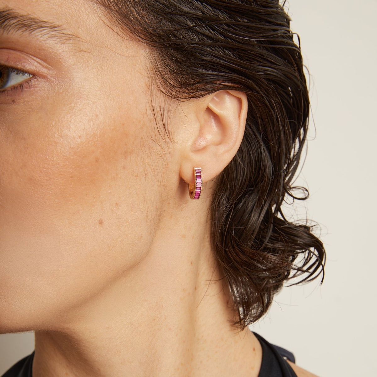 Lab Grown Red Ruby Baguette Huggie Earrings