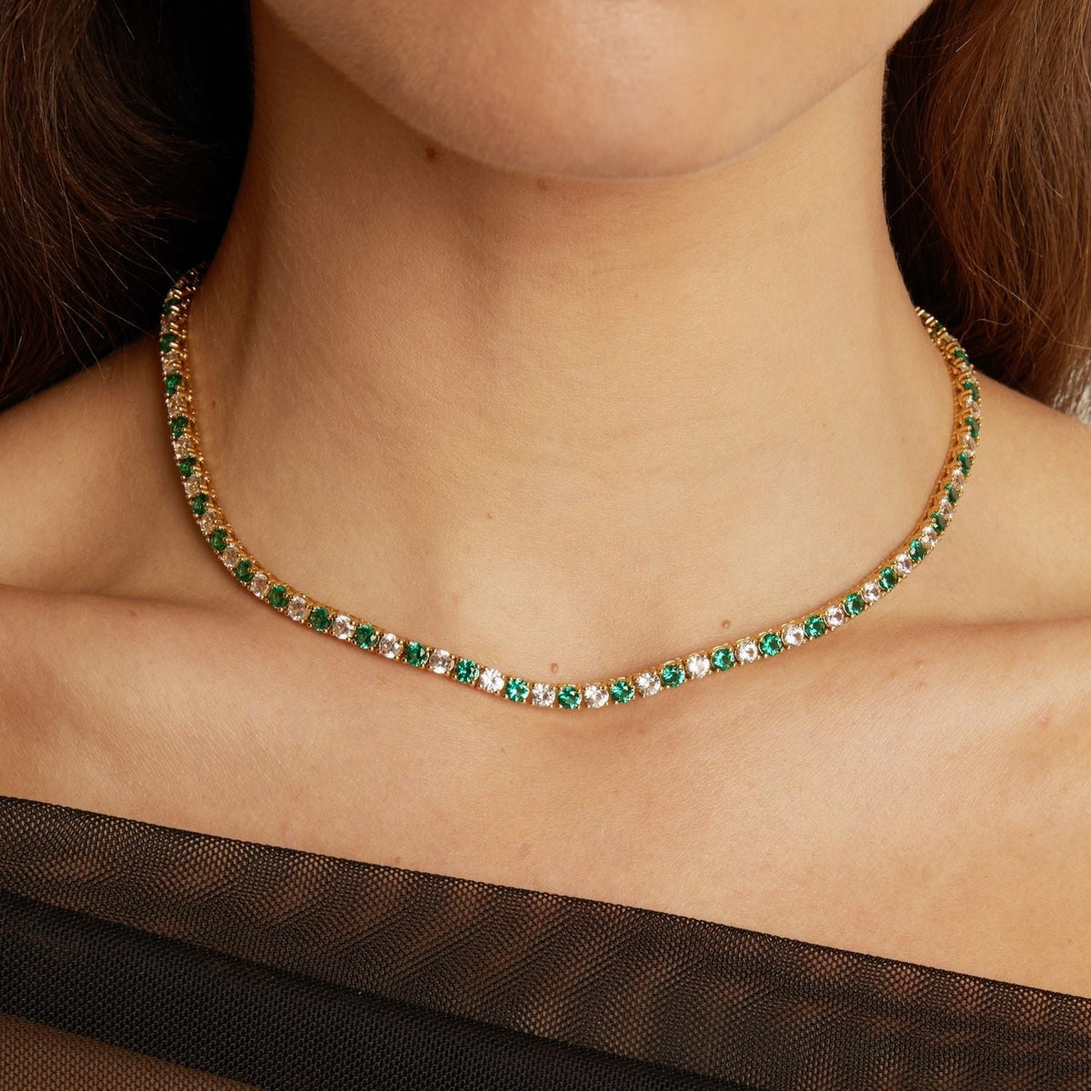 Lab Grown White Sapphire and Green Emerald Alternating Tennis Necklace