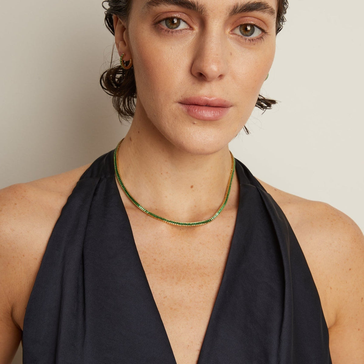 Lab Grown Green Emerald Baguette Tennis Necklace
